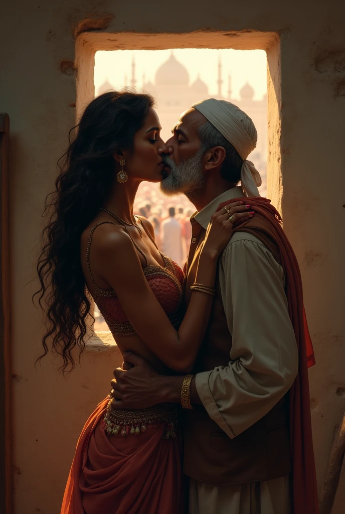 Closeup, highly detailed, A slim and stunningly sexy Victoria's Secret supermodel with long brown hair, with big chest dressed as a soothsayer. Her head is facing one side her mouth open and eyes shut closed in a grimace.,her slim elbows raised and hands tied high above above her head with ropes from above.

A moustached man with eye patch and stubble and hairy legs is embracing her from behind whispering into her ear and holding her bra.whike two of his friends in check shirts stand on either side smiling.

She has a turquoise pendant ound her neck, stands inside her tent, at her table which has a large crystal ball in the Centre, wearing a Cherokee Navajo costume with multi-hued long coat and a large, intricately designed headdress made of feathers, predominantly in shades of white, red, and brown. The headdress also features beadwork and other decorative elements. and war paint on her face and body and brown soft camel skin bralette., dark fantasy, vibrant, photo