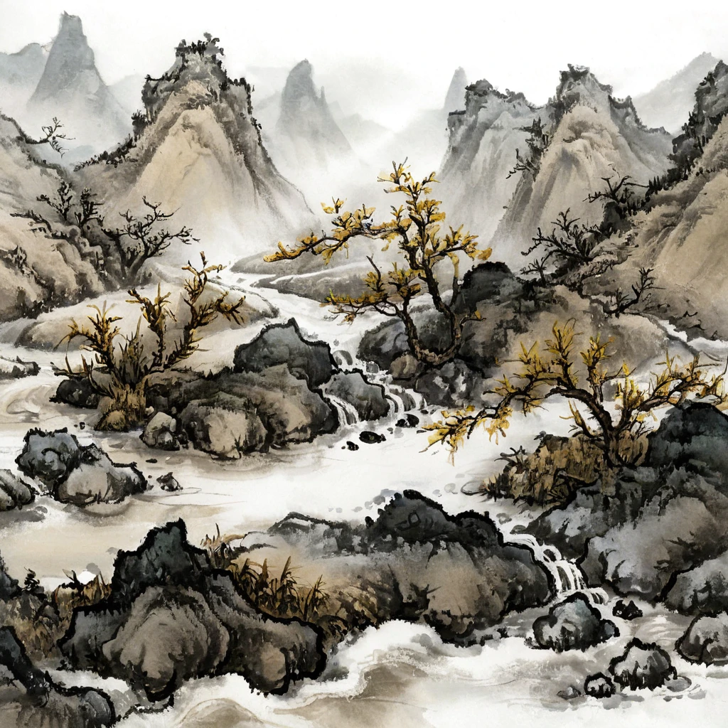 surrealist art Chinese painting,Ink Painting，ink wash painting，ink water， Scenery of the Yellow River waterfall in China ，Midwinter ，The Yellow River flows through mountains ，Ice cubes，close up， the surface is frozen by heavy snow ，有大的Ice cubes漂浮，Snowy fields， Some places on both sides of the river are covered with snow ， Some places are covered with mud ， Large areas of brown grass covered with thick ice and snow， Surrounding environment is characterized by alpine peaks 。 traditional Chinese brushwork ， official art ，（ Large areas of white ，One-third composition ：1：3），羊皮纸水彩Ink Painting，Minimalism，Beige gray ，Rice paper texture， Very high resolution details, Extremely Realistic ,Fine texture, Incredibly realistic 