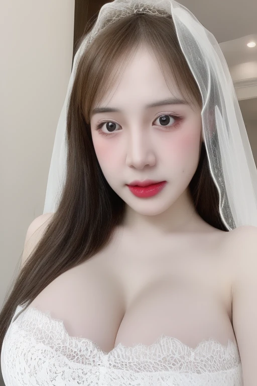 (realistic、masterpiece、Best Quality、8K、highres、high resolution:1.3)、1 girl ,closed mouth, white bandeau dress,white lace veil, upper body, full breasts, gigantic breasts, cleavage,