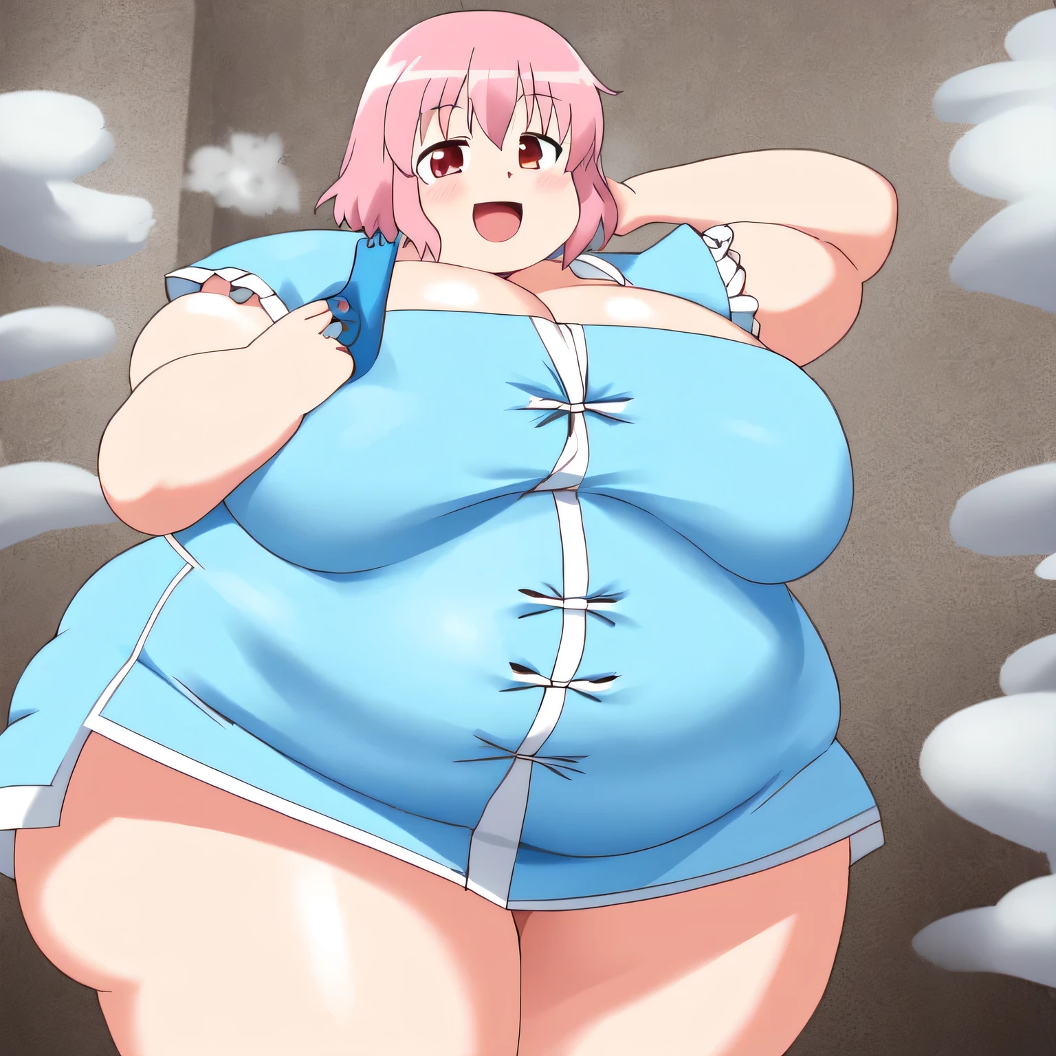 asnr, 1girl, saigyouji yuyuko, cowboy shot, smile, skyblue clothes   fat, chubby, obese, gigantic arms and legs, large breasts open mouth, out of breath