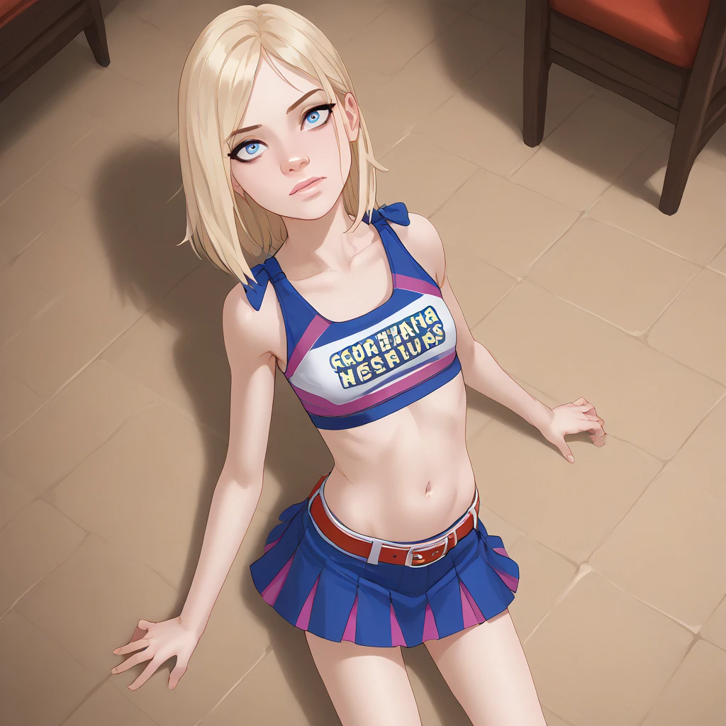 source_animated,  score_9,  score_8_above,  score_7_above,  score_6_above,  score_5_above,  score_4_above, 
1 girl, Alone,  small breasts ,  looking at the viewer , Blue eyes, skirt, blonde hair,  medium high , belly button, neckline, collections,   belt,  crop top, [pillow, cheerleader, nude
