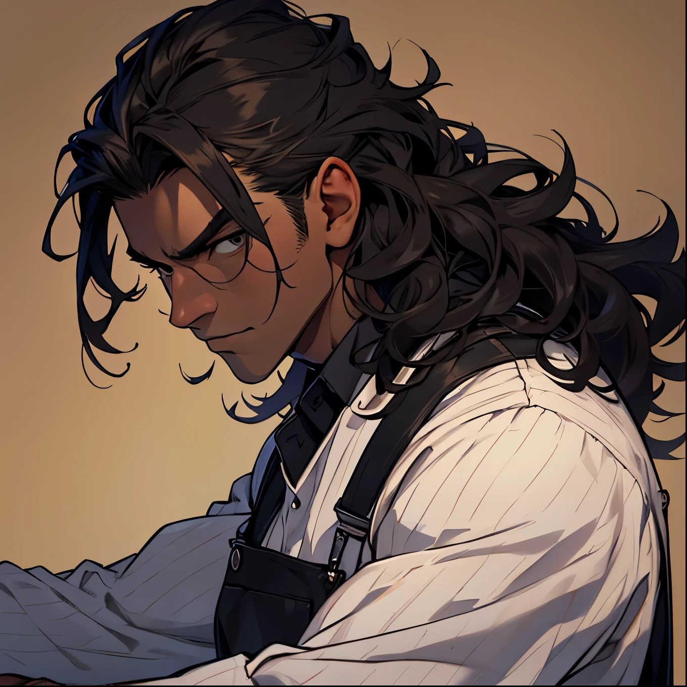 (masterpiece), best quality, high quality, 1 man, young adult, intimidating, black hair, long hair, messy hair, curly hair, black eyes, dark skin, dark skin, black outline between the eyes, wearing a dark overall, long-sleeved shirt and large stripes on top overall, muscle body, ((muscle:1.1)), upper body, simple background, looking ahead, portrait, face focus,