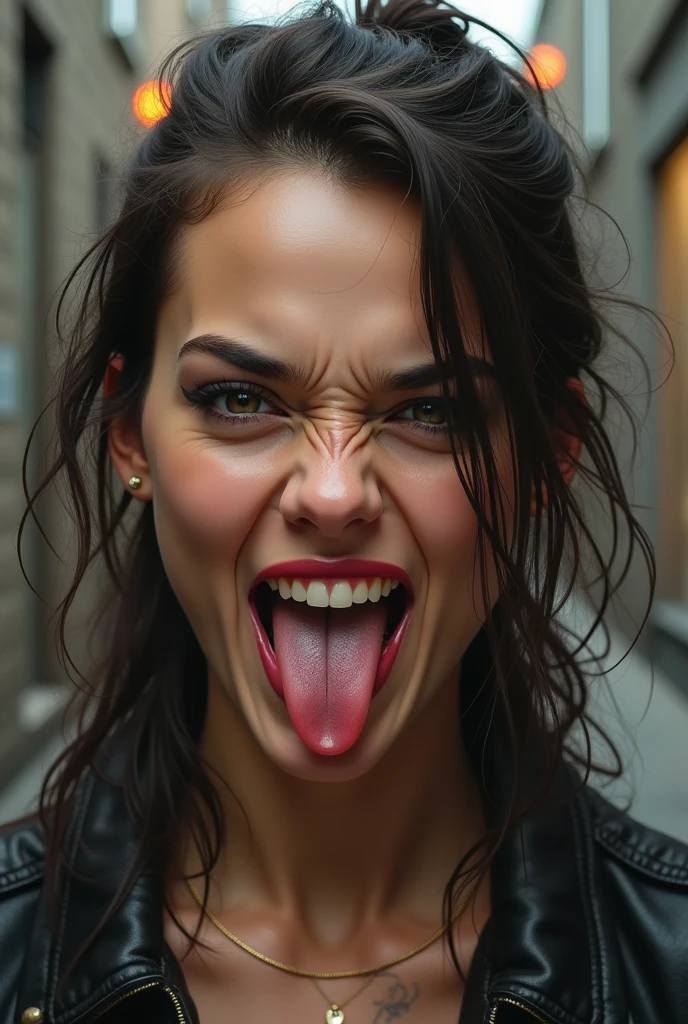 A women sitting on the street,wearing suimsuit,ahegao, cross-eyed,long tongue