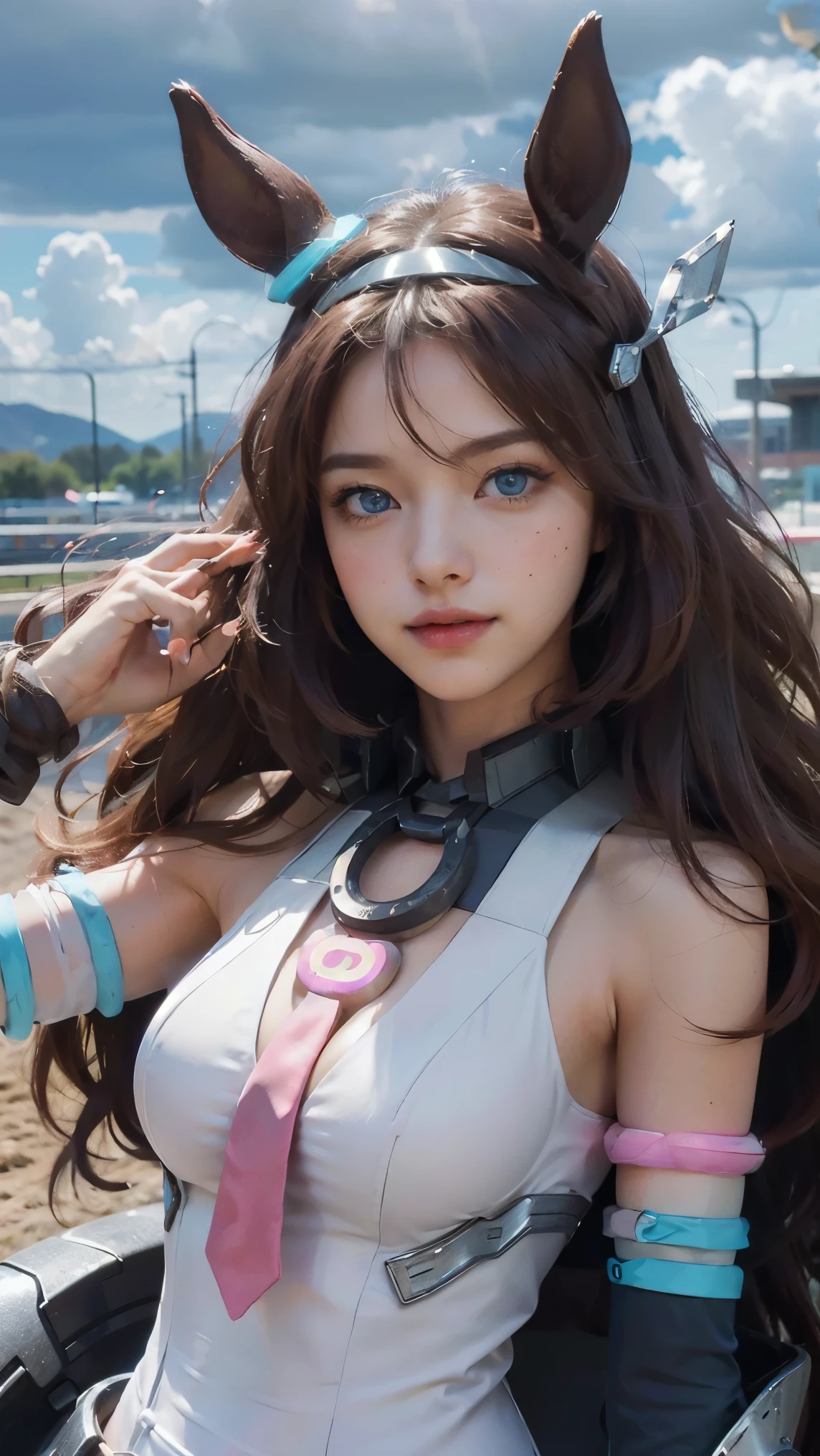 Mihono bourbon,(best qualityer,4K,8k,high resolution,work of art:1.2)(weather: cloudy), Mondstadt city background, horse racetrack, freckles, white sleeveless leotard, white micro skirt, thigh high boots, pink necktie, white elbow lobg gloves, horse ears, white bracelets, mechanical armor, white waist mechanical wheels, headband, long wavy hair, brown hair, ultra detailed, realistic,portraite,beautiful detailed blue eyes, glowing eyes,blush,beautiful detailed lips,extremely detailed eye and face, long eyelashes,sexly,average, large breasts,beaming smile, sexy smile,powerful girl, flexing pose, stunning curves,bright coloured,dramatic lighting,