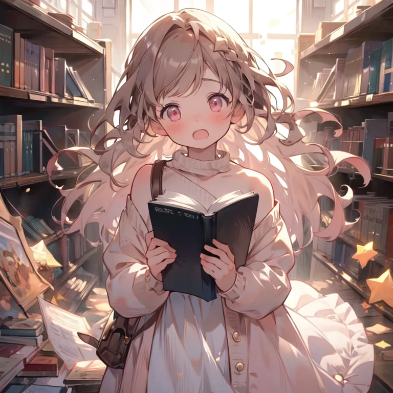     High Definition    , Long Hair,     1 girl , Alone,    brown hair,    Open your mouth a little to see your front teeth,   Surprised Face  ,Quiet Girl   ,young,  hold a book ,  holding a book, pale pink eyes   ,Library Background,  Hold a book  ,  Short bangs  ,  double blade ,  Open your mouth a little, A little blush,watercolor, pink sweater 