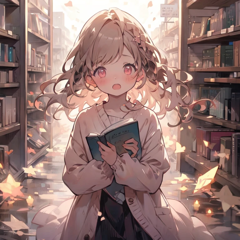     High Definition    , Long Hair,     1 girl , Alone,    brown hair,    Open your mouth a little to see your front teeth,   Surprised Face  ,Quiet Girl   ,young,  hold a book ,  holding a book, pale pink eyes   ,Library Background,  Hold a book  ,  Short bangs  ,  double blade ,  Open your mouth a little, A little blush,watercolor, pink sweater 