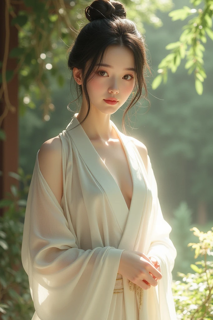 top-quality, masterpiece, 超A high resolution,Real Photorealistic, 1 人、One Woman,Ao Dai,Sheer,crouching down,sexy pose,put hands behind head,tits out,Large breasts,,Whole body,gleaming skin,Smiling,embarrassed,upward-eyed,Seductive smile,naughty expression,excited,Flushed cheeks,from the front side,Focusing,forest,shrines,masutepiece, extremely fine and beautiful,Photorealistic