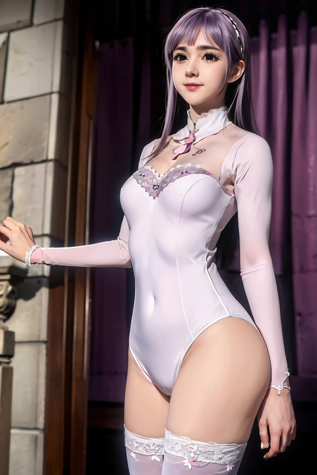 ((masterpiece)), (( Best Quality )), Melascula, empty eyes, 1 , Alone, far away_Hair, Blush, rosa thighhighs, rosa_Hair, purple_Hair, short bangs, leotard, White cloth, breasts, large breasts, navel, cowboy shot, diaphragm,  looking at the viewer , posing, stone wall, interiors, ring light,  camel toe 