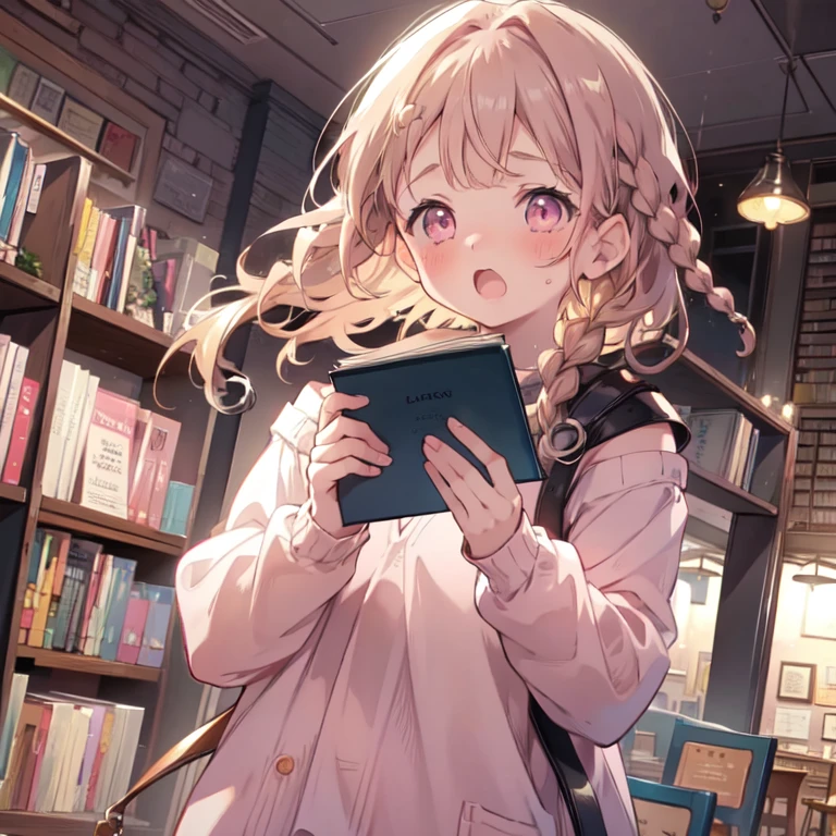     High Definition    , Long Hair,     1 girl , Alone,    brown hair,    Open your mouth a little to see your front teeth,   Surprised Face  ,Quiet Girl   ,young,  hold a book ,  holding a book, pale pink eyes   ,Library Background,  Hold a book  ,  Short bangs  ,  double blade ,  Open your mouth a little, A little blush,watercolor, pink sweater 