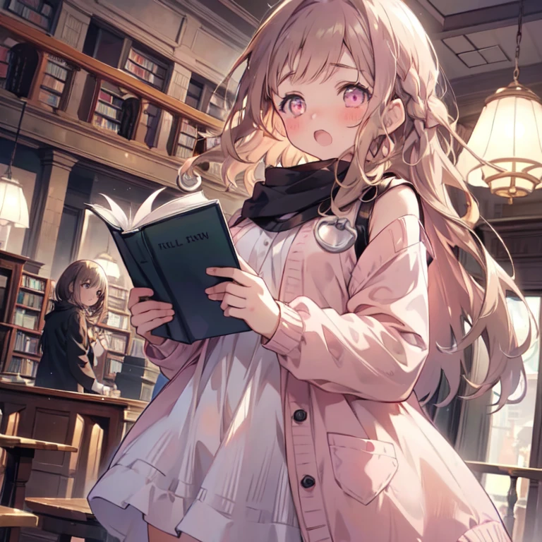     High Definition    , Long Hair,     1 girl , Alone,    brown hair,    Open your mouth a little to see your front teeth,   Surprised Face  ,Quiet Girl   ,young,  hold a book ,  holding a book, pale pink eyes   ,Library Background,  Hold a book  ,  Short bangs  ,  double blade ,  Open your mouth a little, A little blush,watercolor, pink sweater 