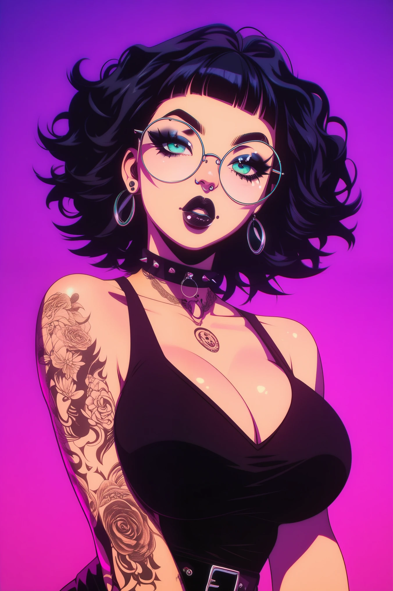 score_9, score_8_up, score_7_up, score_6_up, score_5_up, score_4_up. by GLSHS, highly detailed, 4k. BREAK 1girl, torso shot, goth, round glasses, turquoise eyes, full lips, ear piercings, tattoos, black hair, spiky hair, shoulder length hair, defined eyelashes, huge breasts, black shirt, glossy lips, super realistic details, physically accurate, high attention to detail. accurate, high attention to detail. 