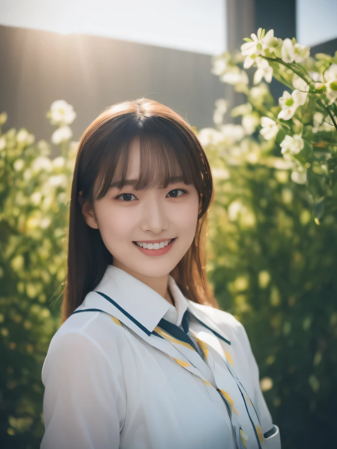 (masterpiece), (hyper realistic),raw photo,8K, 35mm:: (Artistic light leakage:1.4), Lens flare::4 - Style Row - AR 2:3 --s 150 --c 4 japanese girl, 20 years old, detailed skin, no make face, smile, school short uniform, dinamic lighting, flowers background,