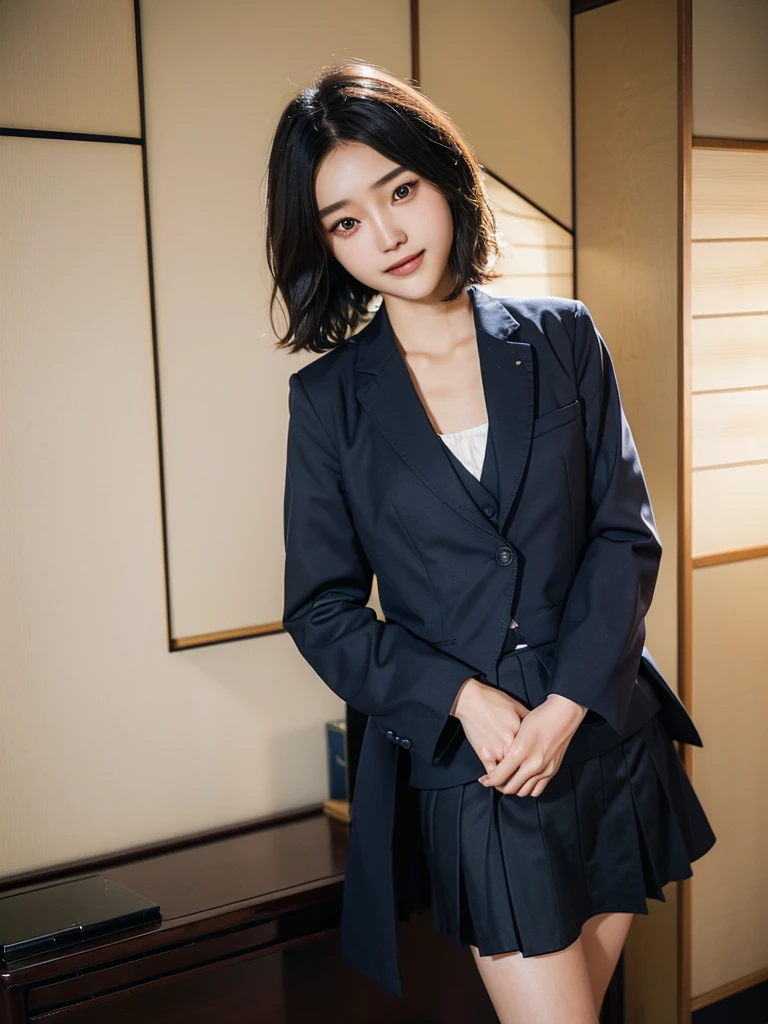 Pure young Japanese girl, wearing dark colors style suits and skirts, vivid makeup, natural black hair styles, sitting in antique in style rooms, sweet smile, professional portrait photography, midnight,