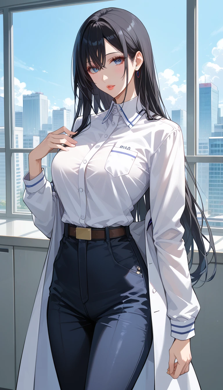 Put on a white coat、白衣の下に黒のPolo shirt、Akihabara Station、Office District、In front of the station、bare hands、masterpiece, best quality, BEAUTIFUL AND DETAILED EYES ,  beautiful detailed lips,  very detailed eyes and faces,  1 female,  Big Breasts ,  Big Breasts , Big Breasts、 stylish body、Polo shirt、Black Skinny、 long pants 、 black boots、 long hair、 black hair、Put on a white coat