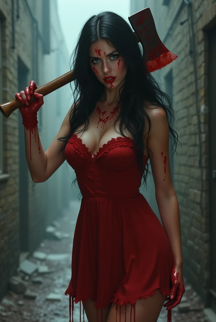 ((best qualityer: 0,8)), ((Masterpiece artwork)), (detailded), 1 girl, beautiful  face, long hair down to the butt black and straight without bangs, red and sexy dress, red heel, passionate lips, medium breasts, slightly fat, beautiful black eyes, pale skin, beautiful smiling. ax in hand, (glare eyes: 1,4), (bloody face and hands) scary folders.