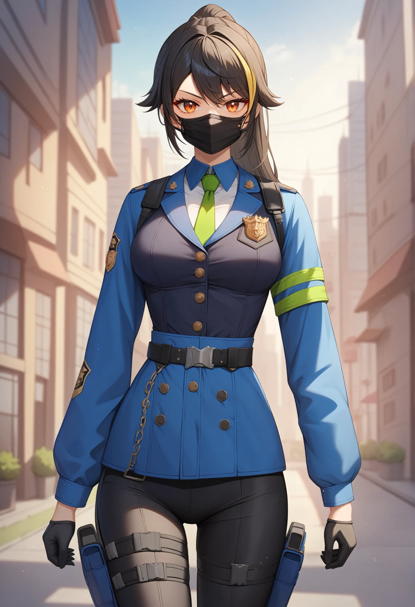 (master piece), (best quality), (8k), (ultra high resolution), (highest quality), (anime style), (neolight), (best writing), (beautiful face), (masterpiece), (highest quality), (detailed beautiful face and eyes), (textile shading), (cowboy shot), (city), 1girl, solo, zhu yuan, orange eyes, black hair, long hair, streaked hair, ponytail, metal hairband, Frowning face, serious look, annoyed expression, Jealous, police uniform, blue jacket, cropped jacket, long sleeves, black vest, two-tone vest, black gloves, green necktie, plaid necktie, black pants, high-waist pants, belt, thigh straps, knee pads, holster, tight pants, blue footwear, beautiful breasts, walking, wear a black mouth mask,