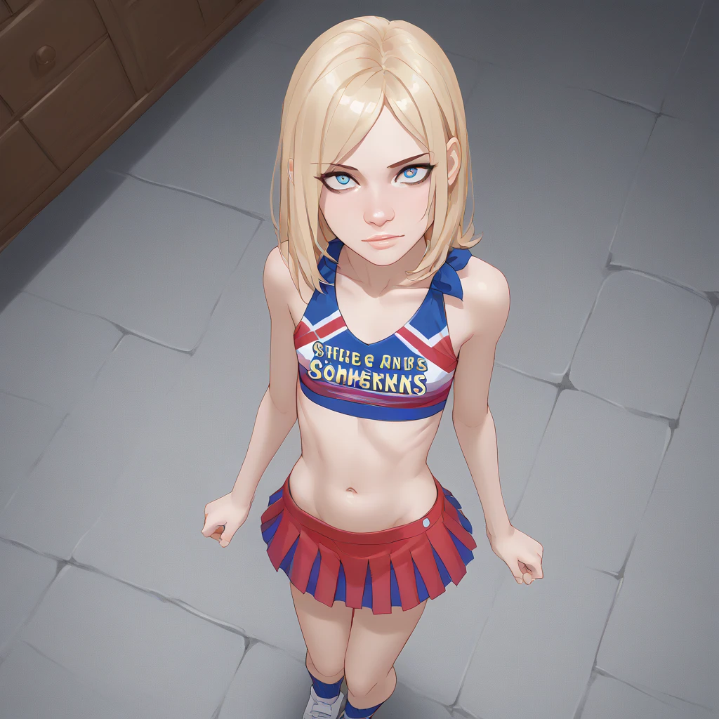 source_animated,  score_9,  score_8_above,  score_7_above,  score_6_above,  score_5_above,  score_4_above, 
1 girl, Alone,  small breasts ,  looking at the viewer , Blue eyes, skirt, blonde hair,  medium high , belly button, neckline, collections, cheerleader, nude
