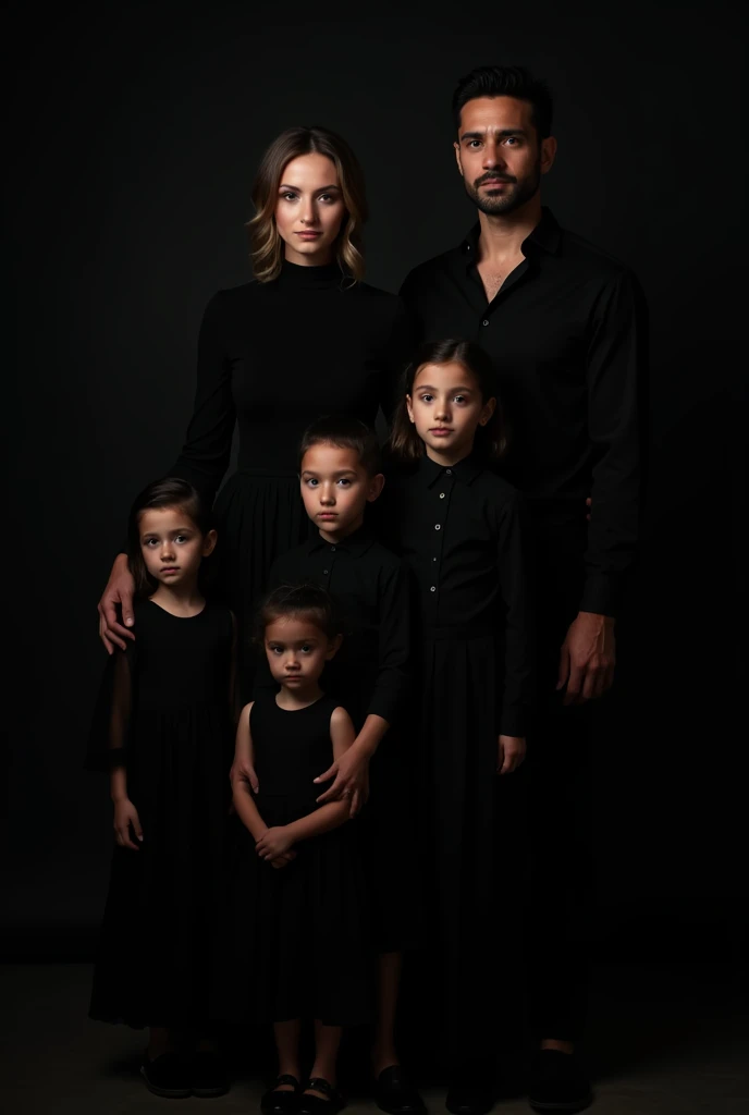 studio photo of a family consisting of 4 people with a black royal theme. a 60 year old father wearing a black suit, an 18 year old girl wearing a black dress with straight, loose hair, a 40 year old mother wearing a black dress with her hair in a bun, and an 8 year old boy wearing a black suit.
