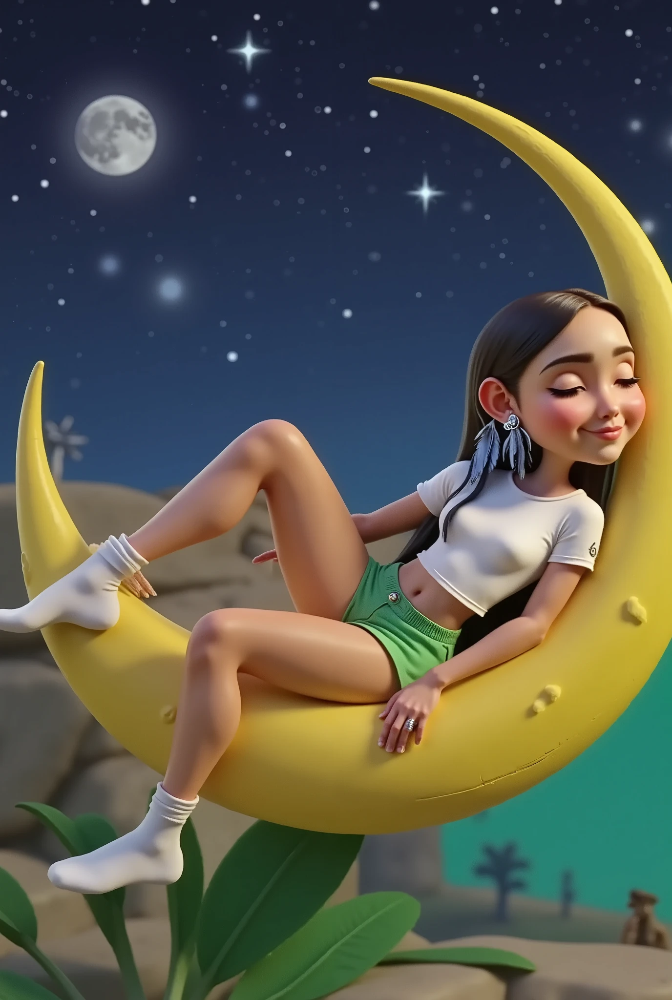 Inspired by Disney Pixar's high-resolution, high-quality 3D arts, create the image sleeping, with her eyes closed, lying down on a WANING MOON, of a girl, beautiful, sensual, charming, bold, with LONG, SILKY, STRAIGHT AND LONG black hair, WEARING A COLORFUL FEATHER IN HER EAR AS AN EARRING, light-skinned, Brazilian Indian, wearing a plain white t-shirt, and wearing very short green shorts, and white socks, she is leaning against the MOON, very comfortable and swinging her legs on the air, in the background we have a beautiful night with stars and a full moon, it's a breathtaking landscape