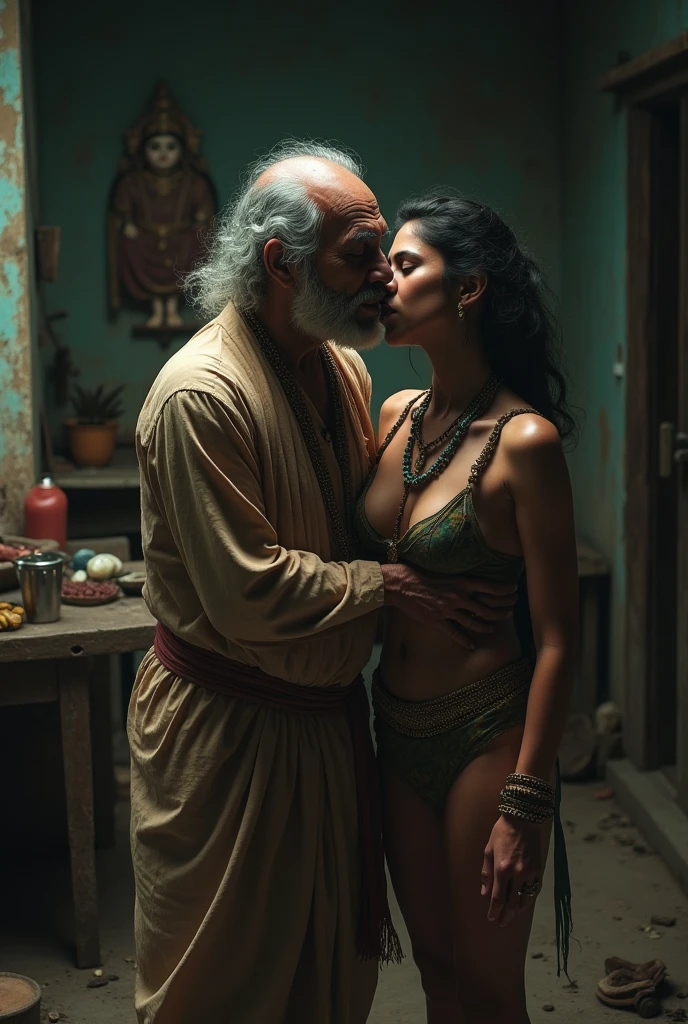 South Indian woman, sexy body, dark skinned, standing in front of her old uncle((uncle sitting in bed, ?????)), she wearing white long petticoat, navel, cleavage, ?????? , seen from the side, scared , she is looking her uncle, uncle lusting her body, ?????? visible, belly chain