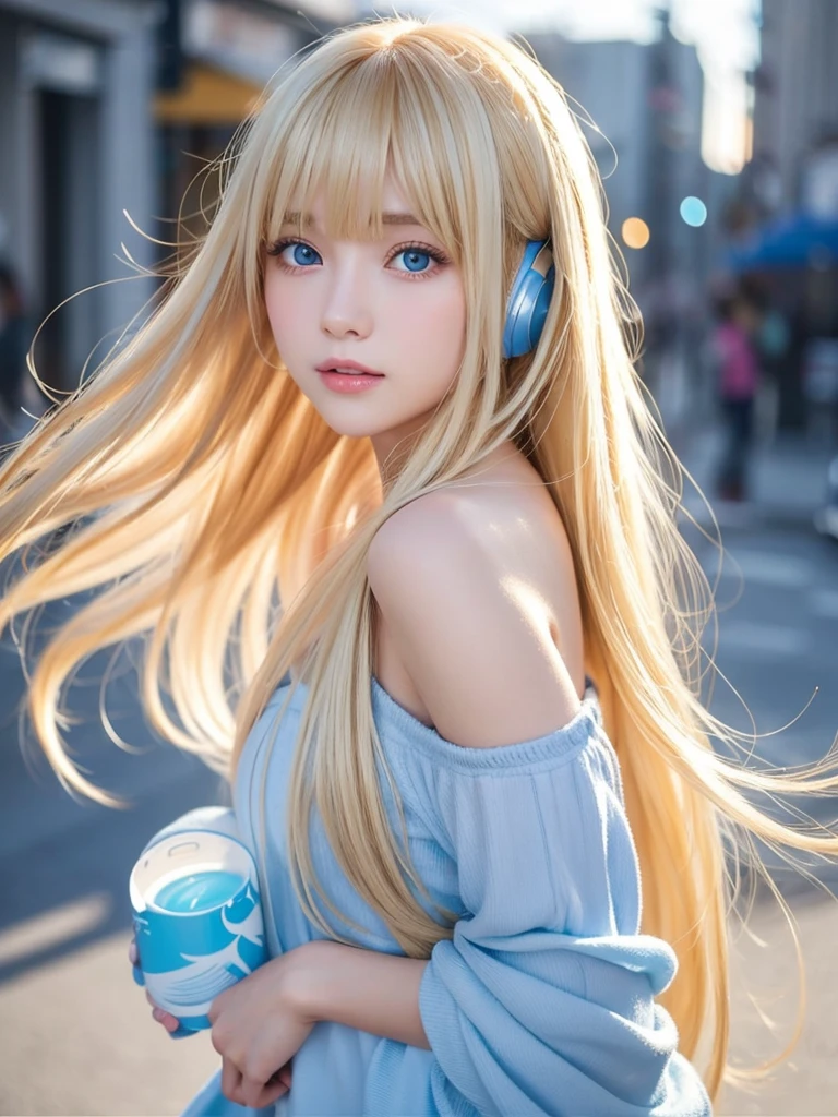 Teenage girl pale blonde blonde silky soft hair with bangs blue-green eyes white blouse with headphones, looking at the camera grimacing