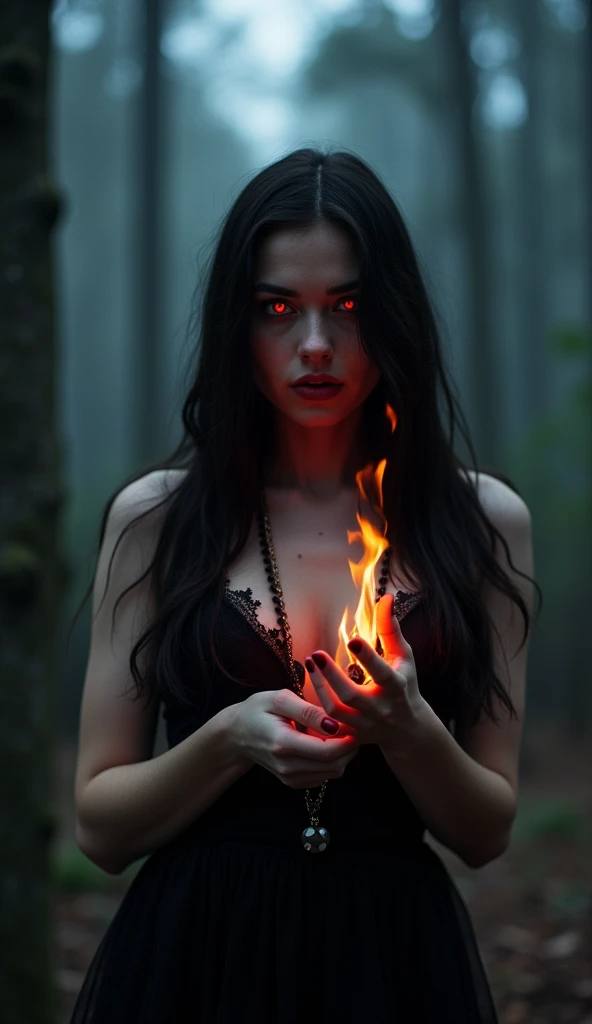 realistic, a photo of a gothic horror woman in a black lake, beautiful woman, unsettling horror, professional, (Extremely Detailed:1.2), glow effects, godrays, intricate details, sharp focus, dramatic, photorealistic, tribal village, wooden village, burning forest background, sharp contrast, many colours, serious face, smirking, Eva Green