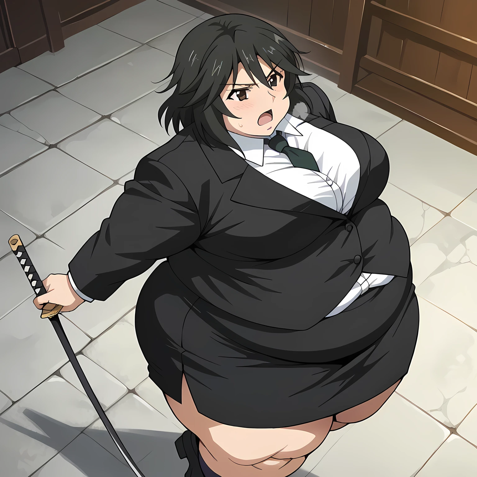 Orimura&#39;Pet, Long Hair, bangs,  black hair,  hair between eyes,  Brown Eyes ,
 skirt,  shirt,  Long Sleeve ,  jacket, white  shirt, tie, black  skirt, black  jacket, formal, suit, black tie, pencil  skirt,  skirt suit,Big Breasts　　wilderness　evening　Japanese katana:(Meitomura Tadashi )　Iaido stance　Slash　 high angle fat, chubby, obese, gigantic arms and legs, large breasts open mouth, out of breath