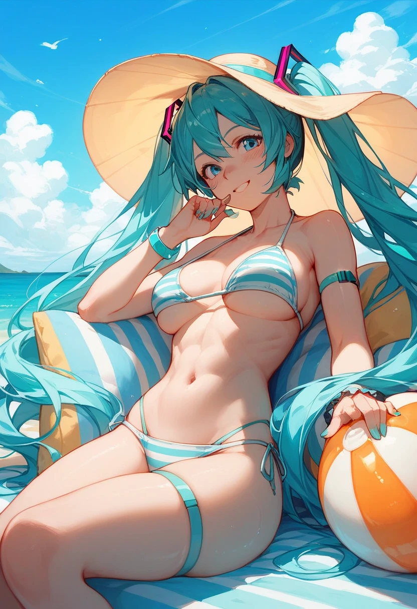 ultra detailed, Hatsune Miku, photorealistic, perfect lighting, (seductive anime girl), beautiful style, fair skin, beautiful charming anime woman, (full body), masterpiece portrait, smile, shining blue eyes, (((string bikini))), sandy beach,
