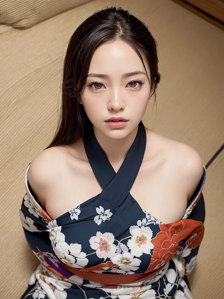 A woman with the same face as last time,4K、1Man Woman、Slender Abs、coming to jinja、furisode、kimono,wearing a kimono 1:3、wearing Japanese kimono、wearing braless、Open the chest、captivating and enticing、full bodyesbian、Including face and skin texture.,Detailed eyes、Seducting look