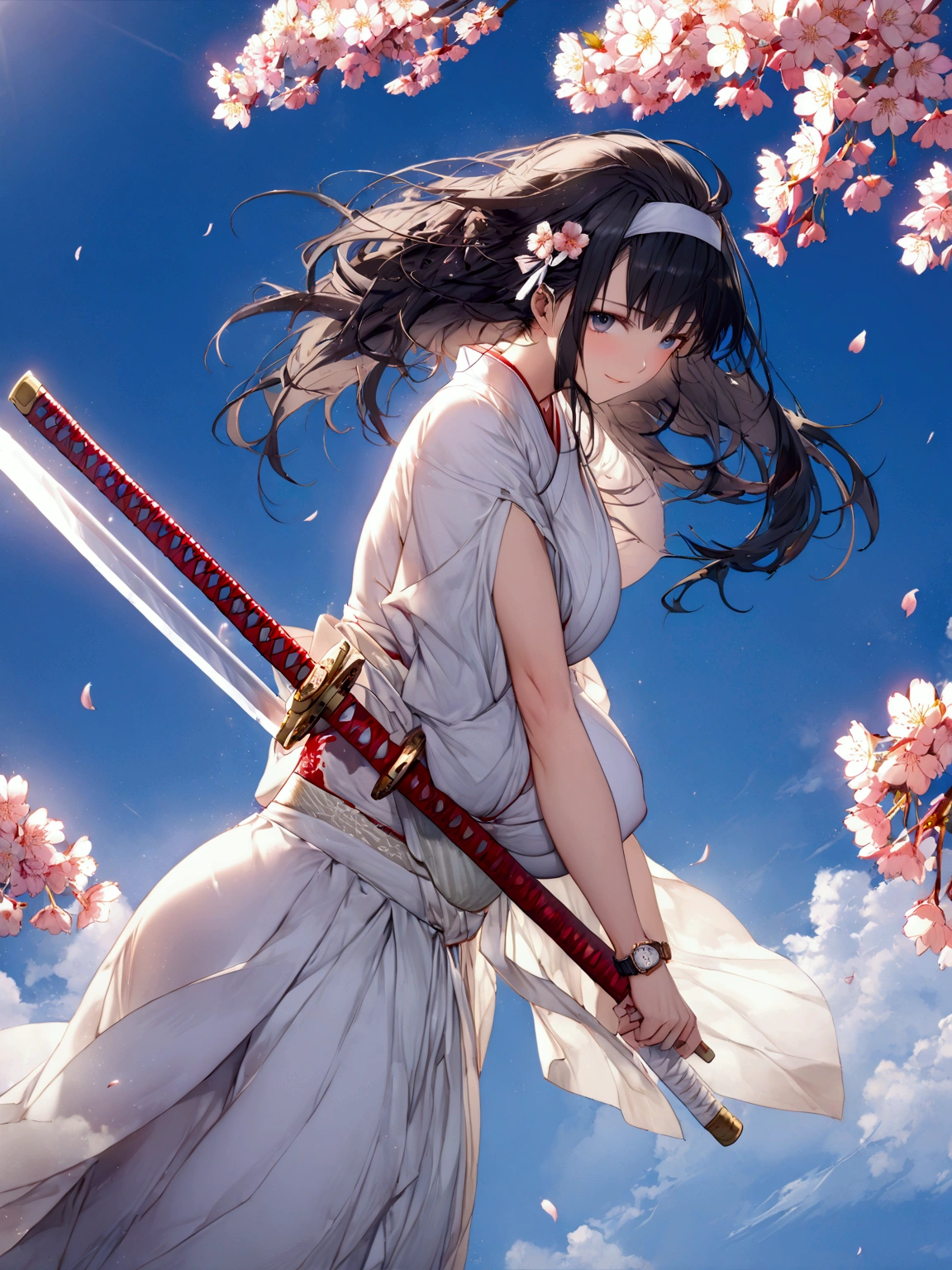 1 Japanese female,Old Japanese Female Warrior 、Female warlord、Warrior Princess、War Goddess、古い日本の鎧、(((Clothing)))、 black hair、 short hair、White headband、smile、 holding a Japanese sword、fight、(((blue sky)))、(((cherry blossoms)))、((( Japan's Warring States Period)))、「 best quality、masterpiece、  illustration without a face 、 Very Delicate and Beautiful 、 very detailed、CG、8k wallpaper、 amazing、 details、masterpiece、最高の究極の芸術 very detailed CG Unity 8k wallpaper」、Big Breasts、((( watch viewers)))