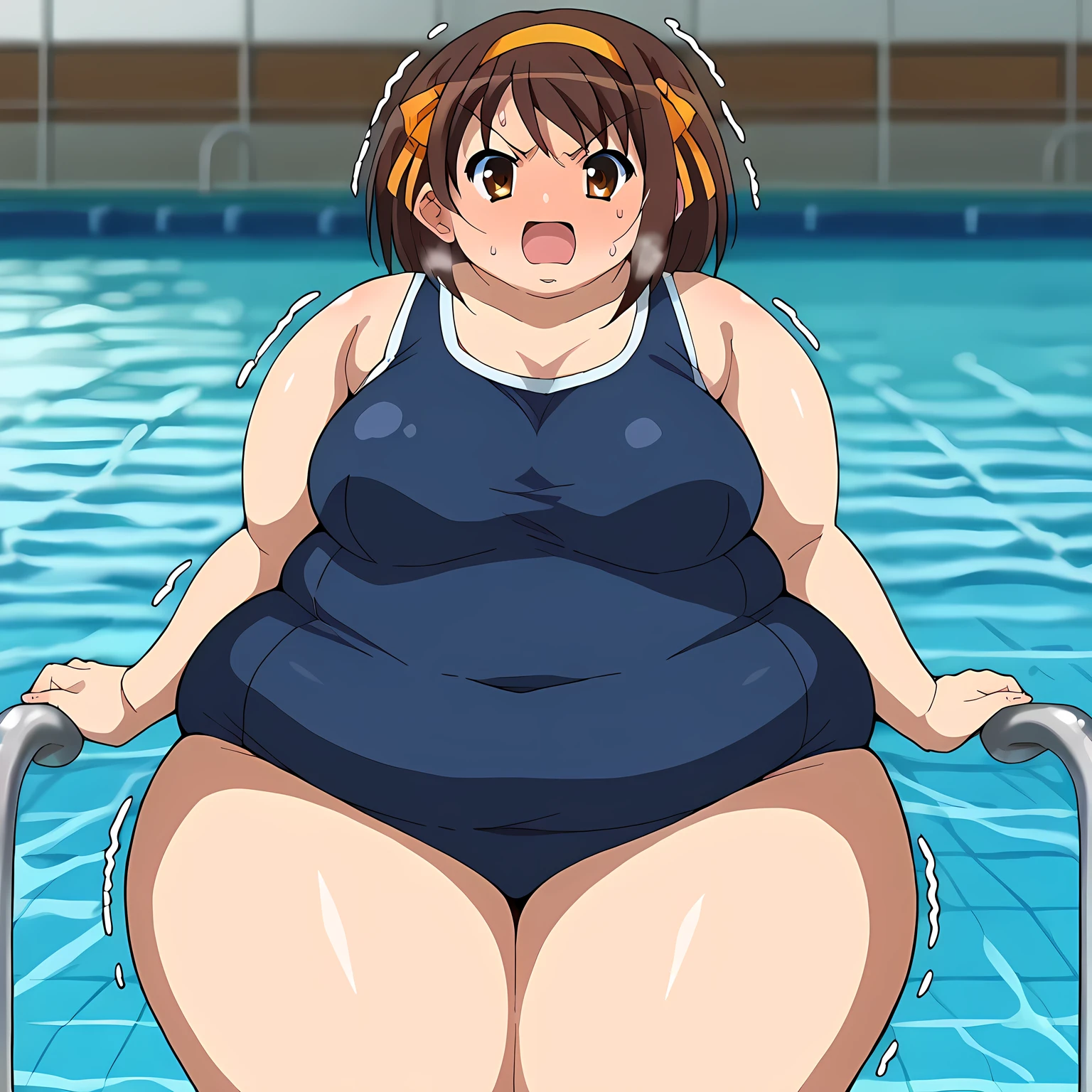 haruhi suzumiya, short hair, brown hair, brown eyes, hairband, medium hair, ribbon, hair ribbon, old school swimsuit, dutch angle, cowboy shot, (angry:0.5), full-face blush, embarrassed, trembling effect, teeth, heavy breath, looking at viewer, large breasts,  chichibukuro, , school pool, blurry background, bokeh, pose, photo shoot, score_9, score_8_up, score_7_up, source_anime  fat, chubby, obese, gigantic arms and legs, large breasts open mouth, out of breath