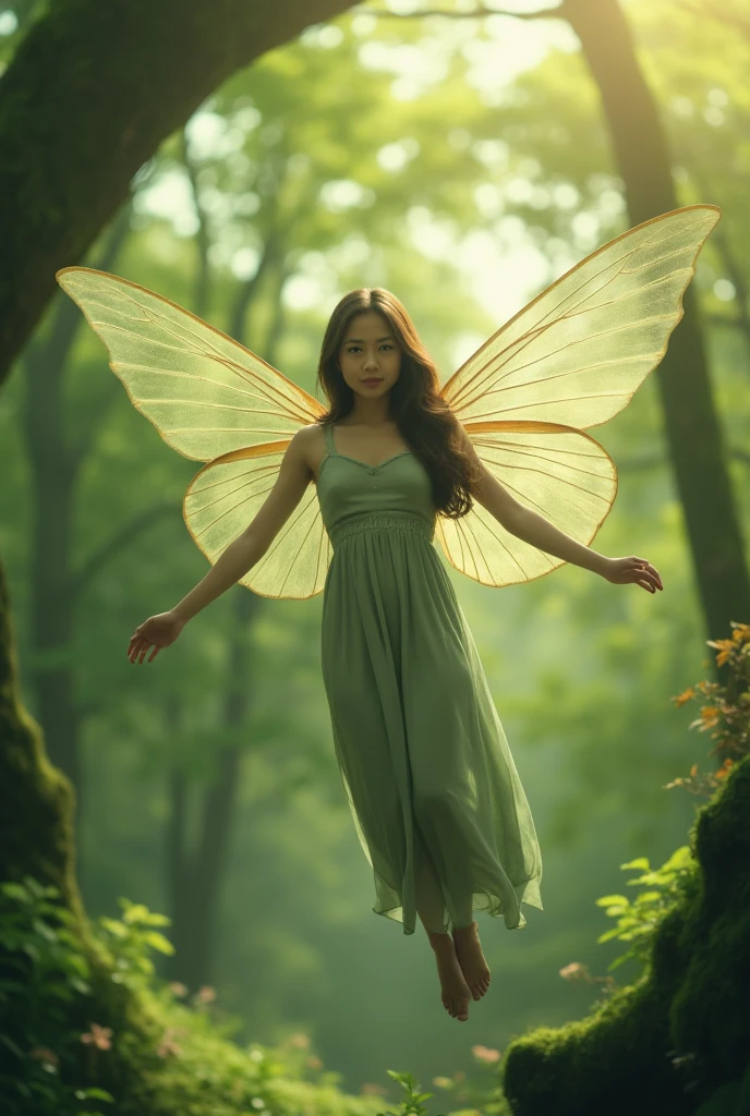 a beautiful indonesian woman becomes a fairy, flying flapping her wings. the fantasy world of the forest fairy community as background details. look at the viewer, cinematic light, realistic anime, fantasy bokeh effect