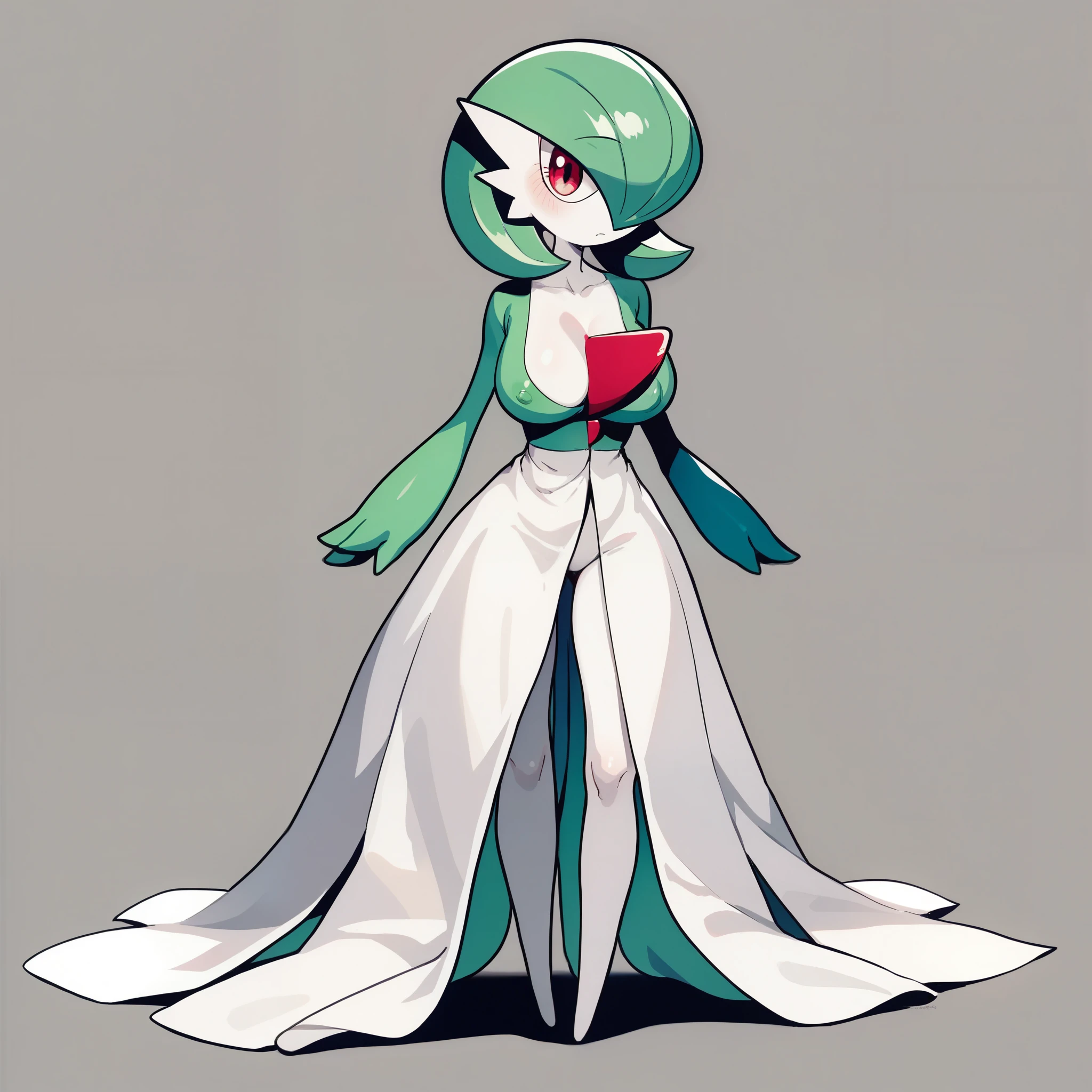 1girl, solo, gardevoir, green_hair, green_skin, hair_over_one_eye, pokemon \(creature\), big breasts, blushed, expressionless, standing, full body, looking at the viewer, simple background, from the front view