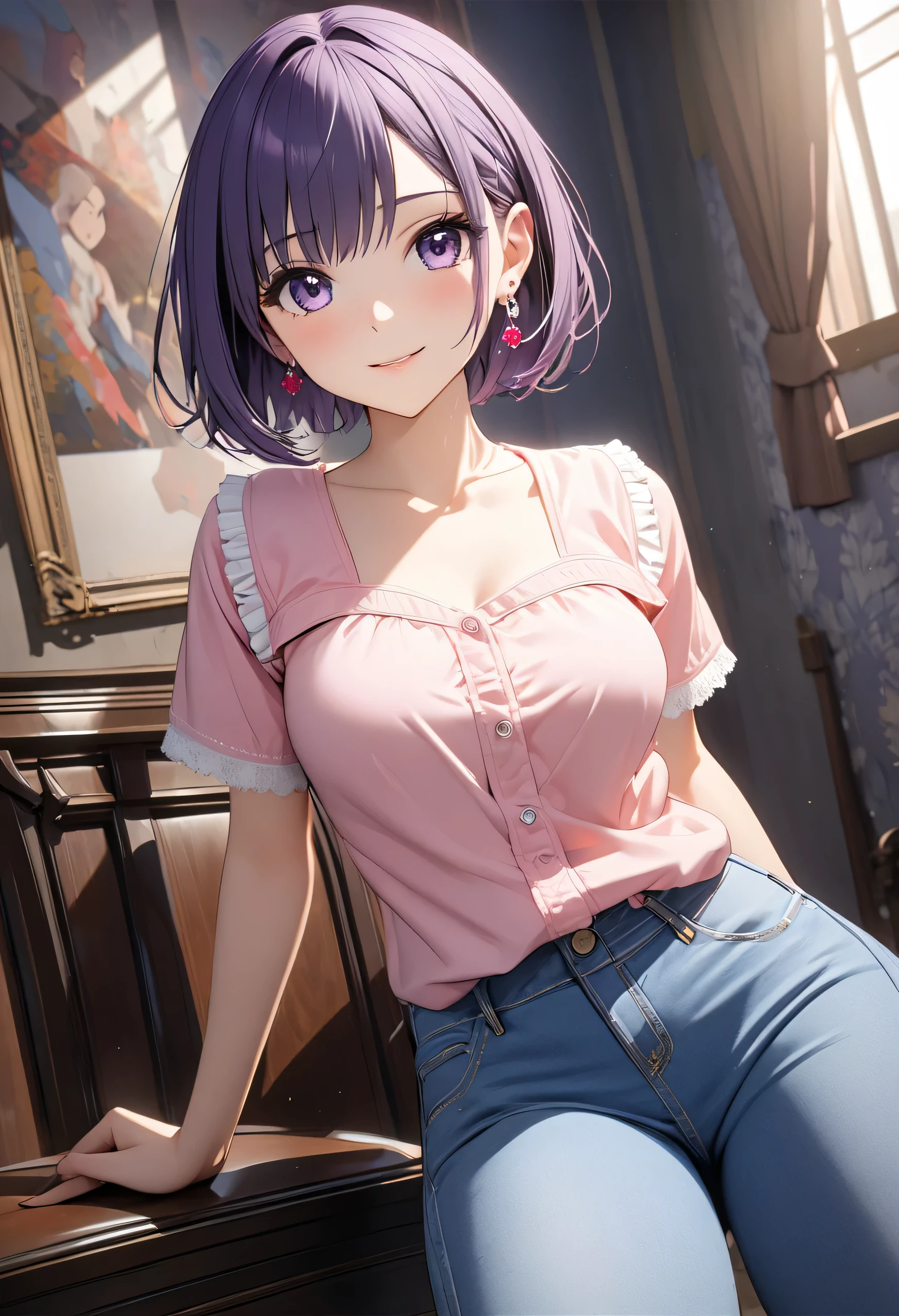 masterpiece, best quality, highres, beautiful face, (solo, 18yo),
sit on chair, (night, cafe:1.4)
BREAK black hair, shiny hair, (mannish extra short haircut, side parted, side undercut:1.5),
tsurime, pink eyes,
(flat chest:1.6), (scrawny), (pale skin:0.8), (shy:1.3),
BREAK (school uniform), (white collared shirt, plain pattern shirt, short sleeves:1), (unbuttoned, button gap:1.2), (open clothes:1.3)
BREAK (black and grey plaid pattern skirt:1.2), (pleated skirt, miniskirt:1.2),
BREAK (pink lace panties), (visible top of panties:1.3), (bulge crotch:1.5)
BREAK (pink lace bra)