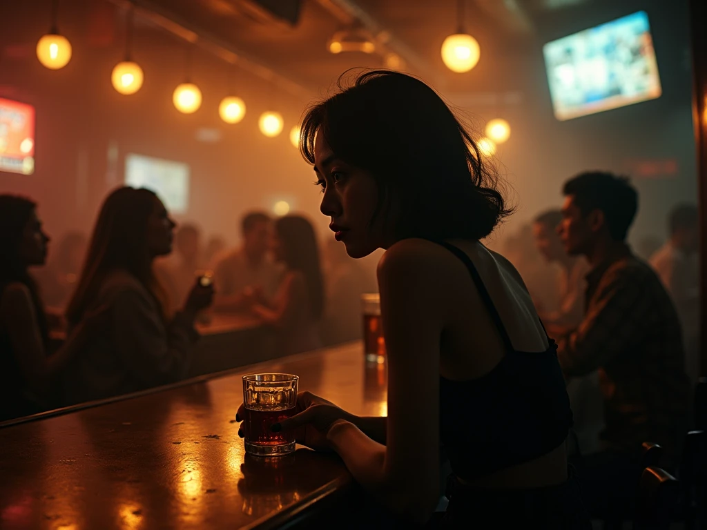 cinematic photo dark photo of woman in a pub   35mm cinematic , film, bokeh,  professional, 4k, highly detailed, 35mm photograph, film, bokeh,  professional, 4k, highly detailed
