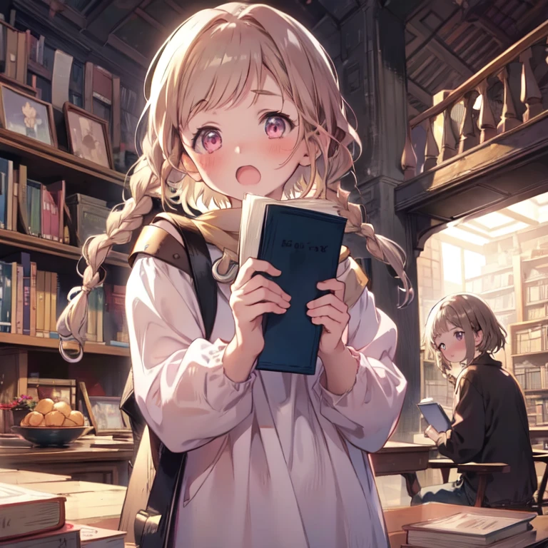      High Definition , 1 girl , Alone,     brown hair,     open your mouth slightly to see your front teeth,     surprised face looking at the book   ,Quiet Girl  ,young,  holding a book ,   hold a book ,  holding a book, pale pink eyes    ,Library Background,  holding a book , Short bangs ,  two braids pigtails , open your mouth slightly, A little blush,watercolor,  pink sweater  ,book light 