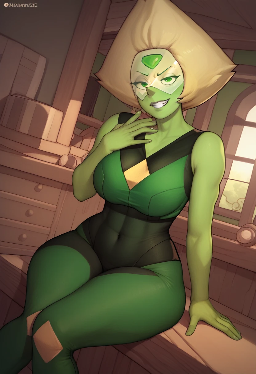 score_9,score_8_up,score_7_up,score_9,score_8_up,score_8,ultra detailed,beautiful face,beautiful hands,detailed background,detailed face,4k,HD,8k,highres,antialiasing,detailed,texture BREAK peridotSDXL,1girl,solo,looking at viewer,smile,blonde hair, big breasts,dark green eyes,grin,black leotard,bodysuit,covered navel,colored skin,green skin, dutch angle ,room,room background,sitting, mature woman