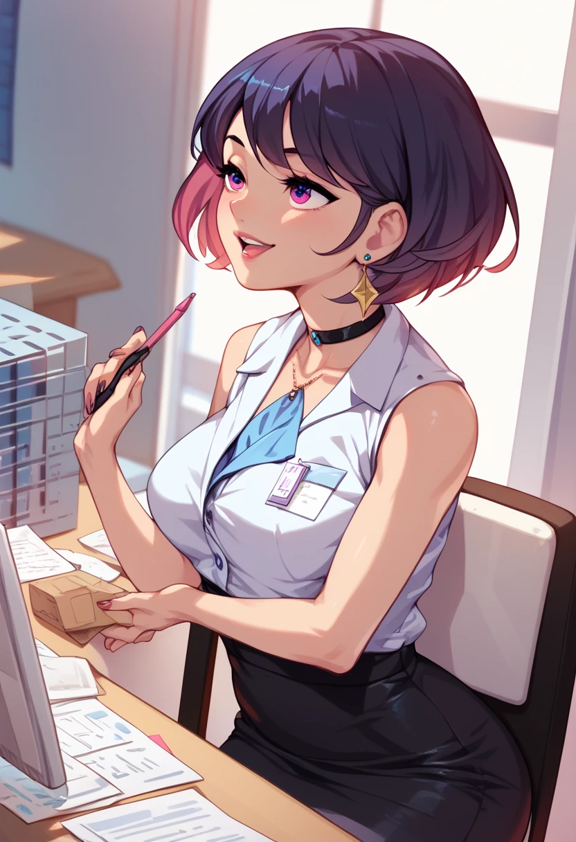 Suen,  short hair,managing an office