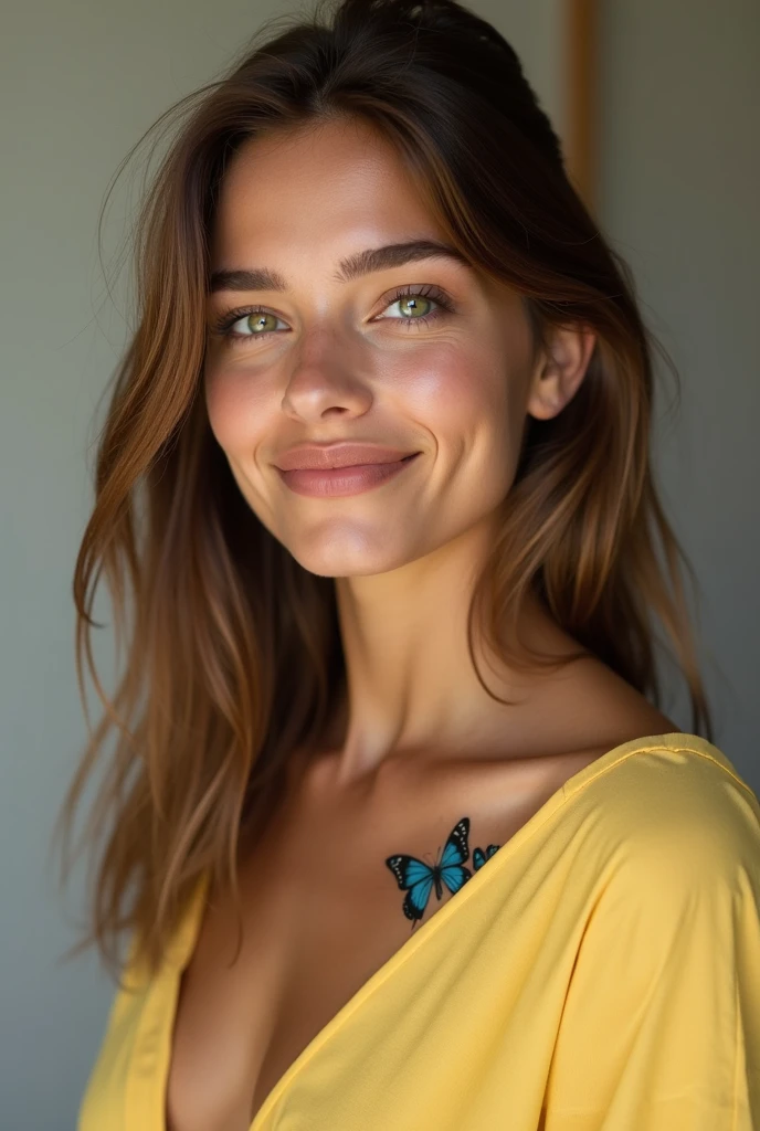 Nathalie Portmann,  25 ans, seductive look, sourire romantique, fine, brune, yeux verts, masterclass, 8K, UHD, HD, High quality,   sexy, bodypainting, dans un atelier de peinture, tableaux, peinture partout sur le mur, motif de fleurs sur la peau, topless, bodypainting, motif de tableau pointillisme, pointillisme, tableau pointilliste peint sur le corps