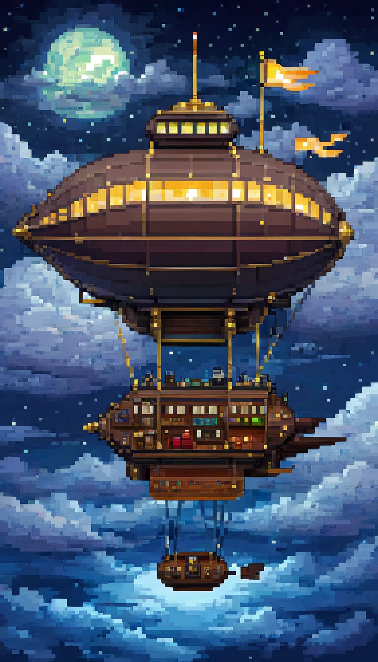 pixel art, ((1 a airship fantasy)), night, clouds, stars, (sky), top down view