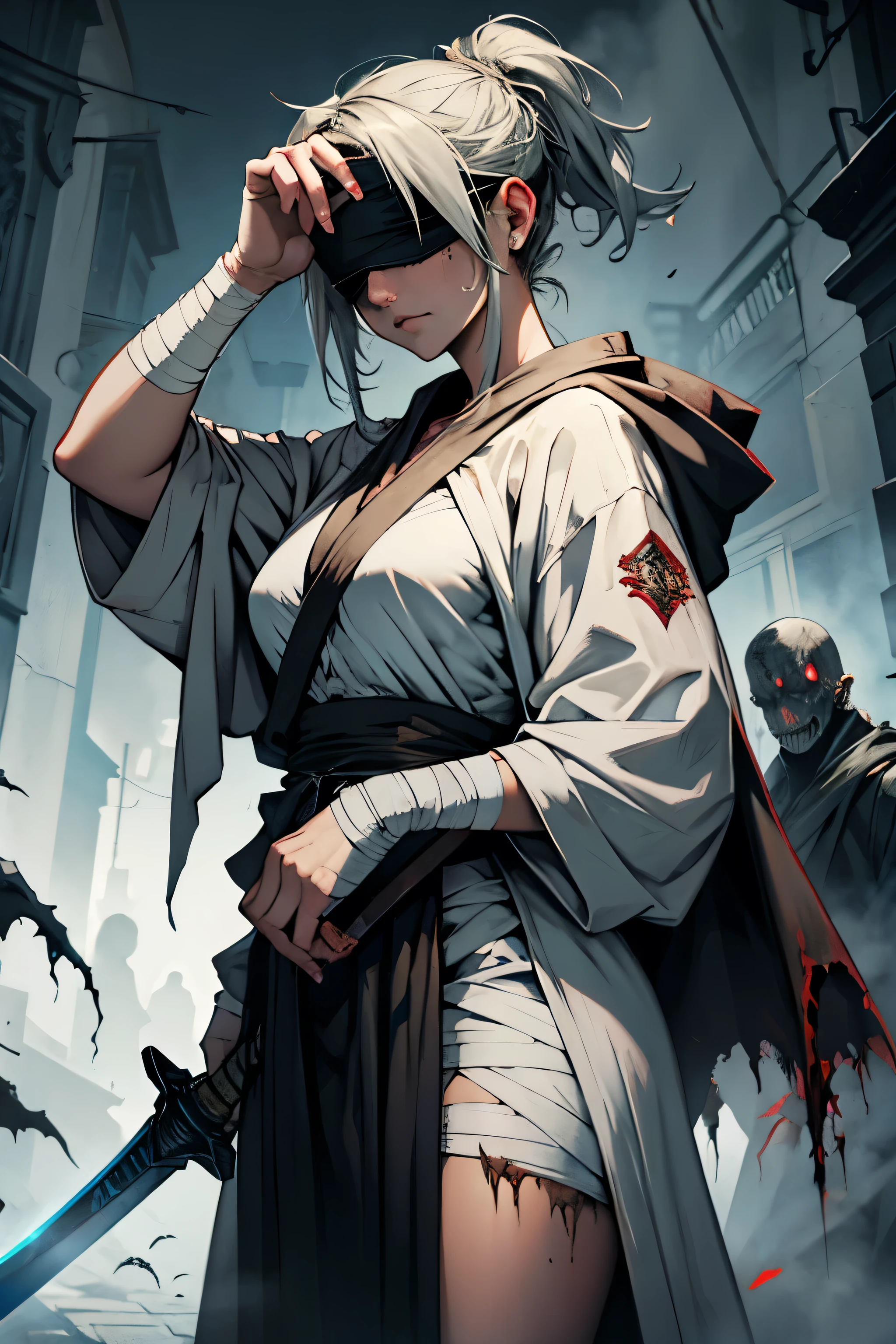 black color hair,Skull element,s girl,The background is a shrine,dark cloude