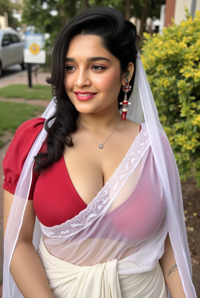 full body,front view,full body,big boobs,transparent saree,transparent red bra,walking position,transparent white bridal veil,long necklace,smile,indian curvy body,