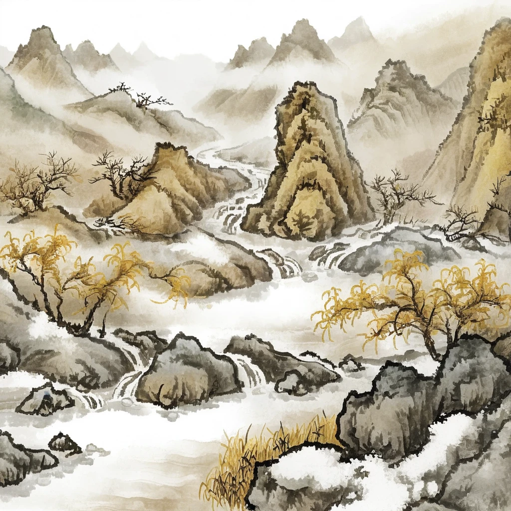 surrealist art Chinese painting,Ink Painting，ink wash painting，ink water， Scenery of the Yellow River waterfall in China ，Midwinter ，The Yellow River flows through mountains ，large area of ice，close up， the surface is frozen by heavy snow ， floats with large ice cubes ，Snowy fields， Some places on both sides of the river are covered with snow ， Some places are covered with mud ， Large areas of brown grass covered with thick ice and snow， Surrounding environment is characterized by alpine peaks 。 traditional Chinese brushwork ， official art ，（ Large areas of white ，One-third composition ：1：3），羊皮纸水彩Ink Painting，Minimalism，Beige gray ，Rice paper texture， Very high resolution details, Extremely Realistic ,Fine texture, Incredibly realistic 