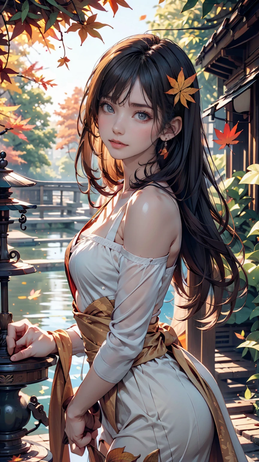  1 girl , Against_tree, Who_Shizu is a , anger_vein, autumn, autumn_leaf, 前hair, Naked_tree, green_eye, dull_前hair, branch,   knight ,  dress, 落Down_leaf, forest, ginkgo_leaf, holding_leaf, lake, leaf, leaf_background, leaf_hair_ small hips , leaf_On_head, leaf_printing, lips, lOng_hair, Watching_in_ viewer, Maple_leaf, ninure, Outdoor, Alone,  standing, stOne_ lantern, tree, Down_tree, black hair, sensei 