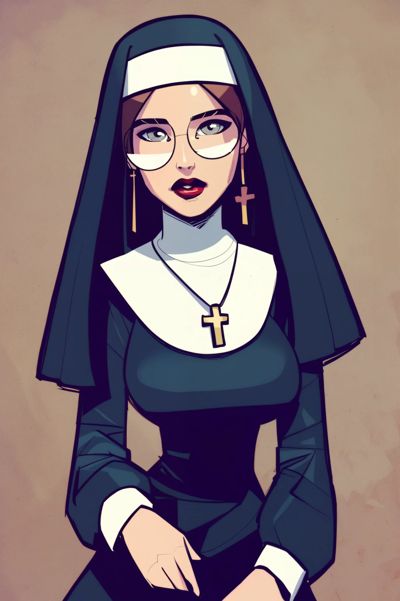 score_9, score_8_up, score_7_up, score_6_up, score_5_up, score_4_up. by GLSHS, highly detailed, 4k. BREAK 1girl, nun outfit, red lips, cross necklace, grey eyes, multicolor black and brown hair, round glasses, serious expression, glossy lips, super realistic details, physically accurate, high attention to detail. accurate, high attention to detail. 