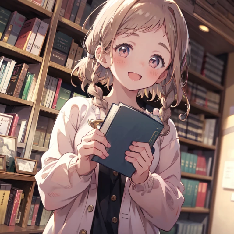       High Definition  ,  1 girl , Alone,      brown hair,      open your mouth slightly to see your front teeth,      surprised face looking at the book    ,Quiet Girl  ,young,   smiling face  , 開いた smiling face ,  holding a book     , the background of an empty library ,   smiling face  ,  Short bangs  ,   pigtails with two braids  ,  open your mouth slightly, A little blush,watercolor,   pink cardigan ,Read a book,The line of sight is a book page , without hair accessories