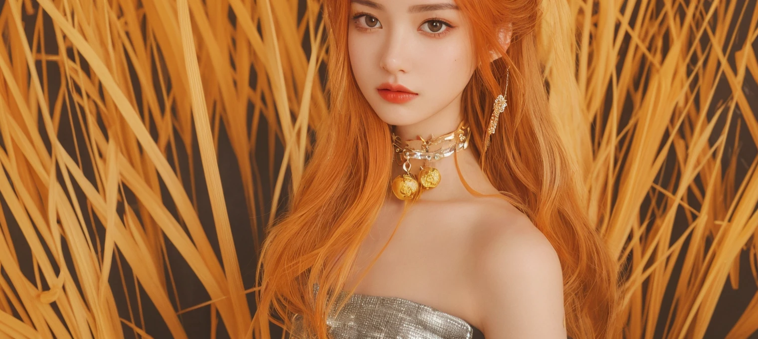 1girl, alone, solitary, high quality, (best quality,4k,8k,highres,masterpiece:1.2),ultra-detailed,(realistic,photorealistic,photo-realistic:1.37),gorgeous hair,red hair, red long straight hair with bangs,puffy eyes,mole on the cheek,plump lips,jewelry,(high detailed skin:1.4),(rim lighting:1.3),(lit:1.3),(sunny day:1.3),portrait,beautiful lips,waist-length hair,seductive gaze,moles,casual clothes,colorful clothing,close up,really long hair,choker necklace,tattoos,tattooed,light eyes,bangs,fringe,20 year old,dimples on the cheeks,dimples,orange hair,sharp eyebrows,redhead