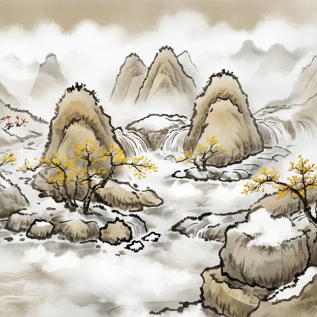 surrealist art Chinese painting,Ink Painting，ink wash painting，ink water， Scenery of the Yellow River waterfall in China ，Midwinter ，The Yellow River flows through mountains ，large area of ice，close up， the surface is frozen by heavy snow ， floats with large ice cubes ，Snowy fields， Some places on both sides of the river are covered with snow ， Some places are covered with mud ， Large areas of brown grass covered with thick ice and snow， Surrounding environment is characterized by alpine peaks 。 traditional Chinese brushwork ， official art ，（ Large areas of white ，One-third composition ：1：3），羊皮纸水彩Ink Painting，Minimalism，Beige gray ，Rice paper texture， Very high resolution details, Extremely Realistic ,Fine texture, Incredibly realistic 