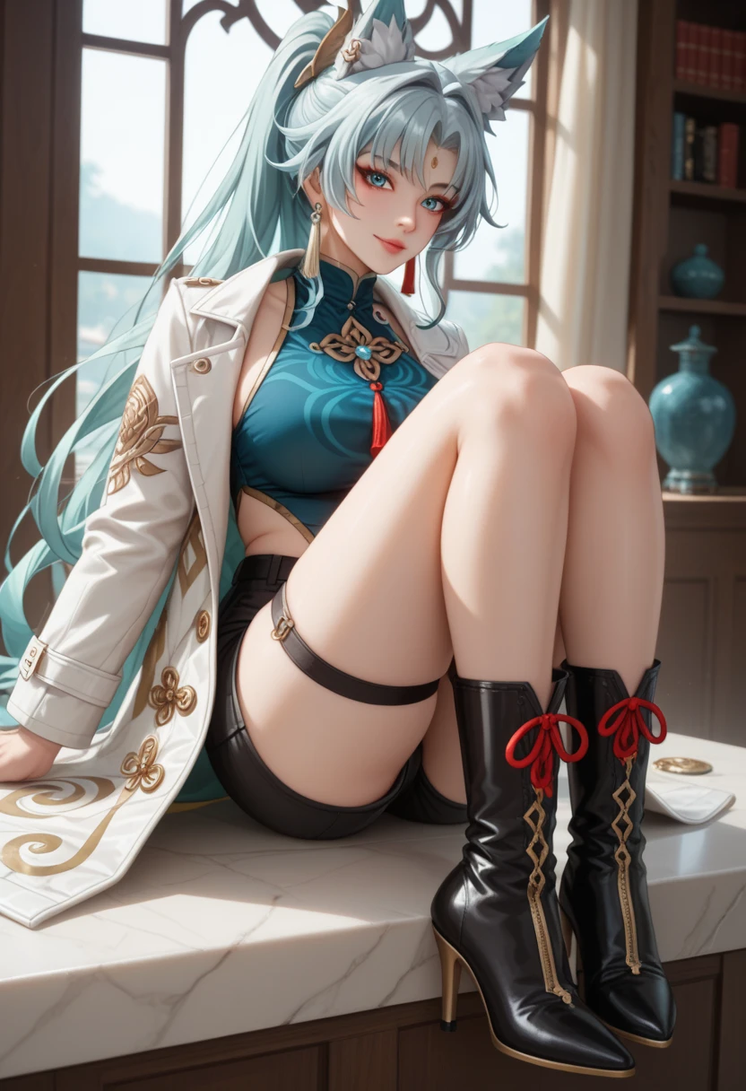 Feixiao is a tall foxian woman with fair skin and white teal-tipped hair tied in a high ponytail. Her eyes are teal with a white ring around her pupils, and prominent red eyeliner painted at the lower corners of her eyes. She has two teal orbs with a golden tassel hanging on the right side of her face, right beneath her hair, and a golden small ornament on her forehead. As a foxian, Feixiao has two large fox ears and she wears two golden earrings on her left ear. Similar to Yuan, Feixiao does not have a natural tail of her own. Feixiao also has a tattoo-like scar on her back, which is reminiscent of the symbol of The Hunt.

Feixiao's outfit consists of a white trench coat, dark teal sleeveless turtleneck, and black shorts with a dark teal half-skirt. She wears calf-high dark heeled boots, a dark thigh garter on her left thigh, and a belt wrapped around her left leg right above the knee. The trench coat has black-and-white waves at the bottom, with its tips bending to dark gray. The lower half of the coat is cyan fading to dark teal and has a golden scale pattern on the inside. Her turtleneck has two open diamond-shaped windows at each side, each window lined in gold, the top smaller windows being at her ribcage and the bottom ones being above her hips. At the collar of her turtleneck is a circular-shaped blue ornament with a small red tassel tied into a bow. The half-skirt is decorated with light, dark, and normal teal-colored waves as well as golden lining.