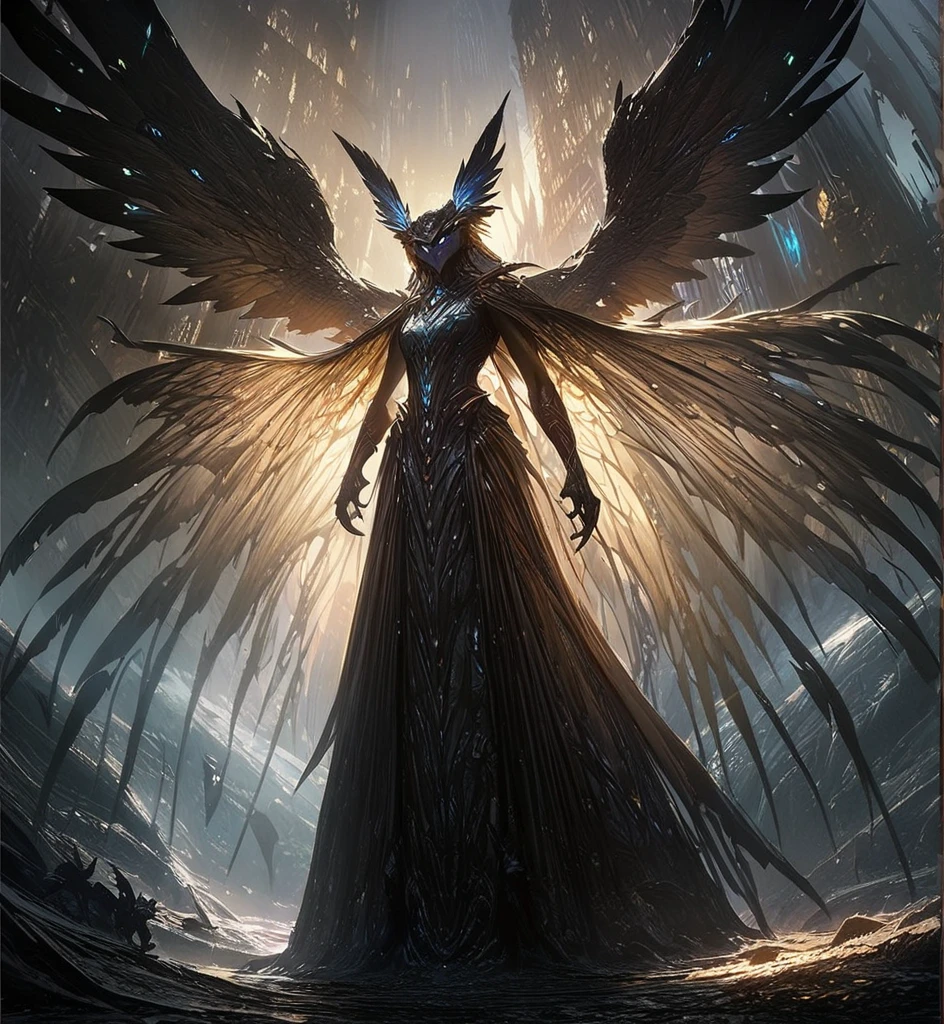  Facing Camera ，Standing on the ground， Perfect Full Body Character Watch，Birdie character，a female，Slim ，Medium build， Smooth brown skin ， dark ，Wearing a black Gothic dress ， The upper half of the face is covered by V-shaped feathers and half of the face，Eyes covered ， The ears are covered with upward Owl wings ， hair on both sides decorated Feather hair ornament ， Hands are huge owl wings ，[ Vibrant appearance , Creative Behavior , Imaginative, Sensibility, spontaneous, skin texture， [[ Ultra wide angle lens ，Remote Panorama ，masterpiece,  Best Quality,  Highly Detailed , Super Fine， Height Detail ，Light Tracking ， movie light effect ,  illustration,  8K Resolution Concept Art ， Dark fantasy art ， Dark Fantasy Character Design ， Concept Art Wallpaper ， Epic Dramatic Atmosphere ,  Height Detail, fantasy realism,   Professional Digital Art ,